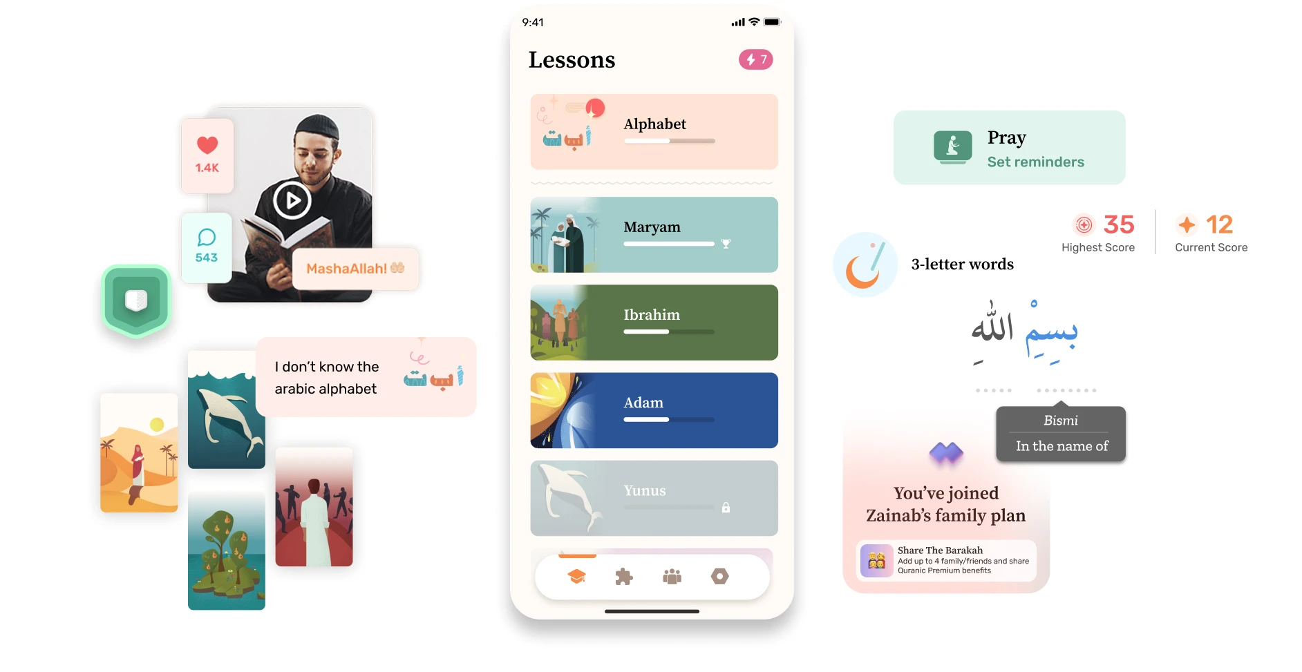 Quranic app hero illustration with lesson cards, score modules, and feature callouts.
